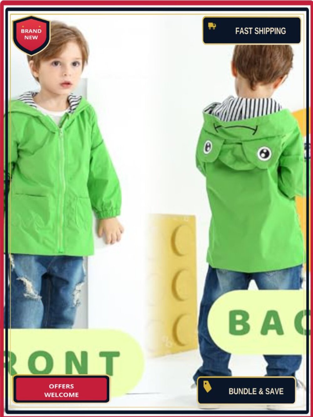 Toddler Boy Girl Duck Raincoat Cute Cartoon Hooded Zip Coat - Picture 2 of 6